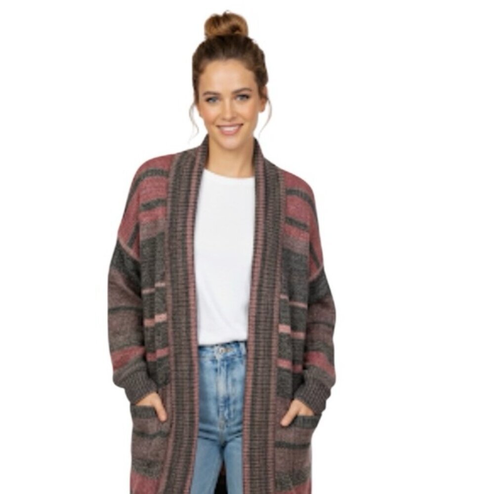 ESPRIT Open Front Stripe Cardigan Sweater Shawl Collar Pocket Cotton Soft Cozy M